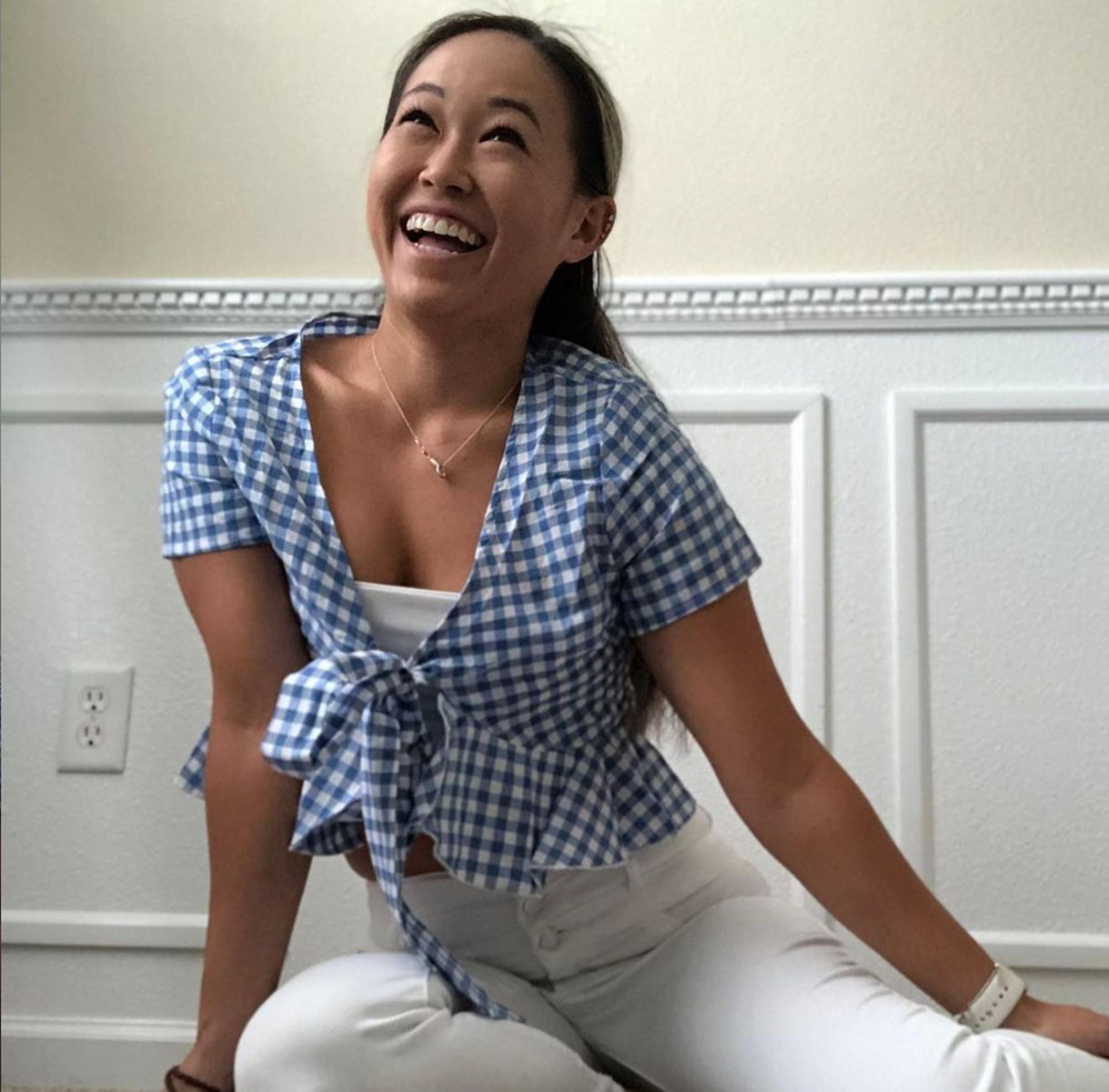 blue and white gingham top