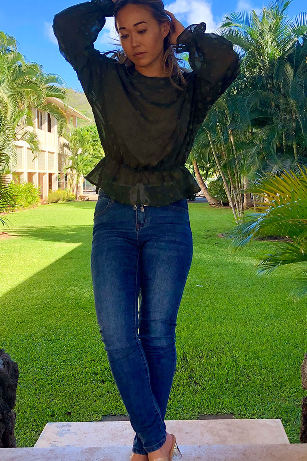 sheer top green long sleeve