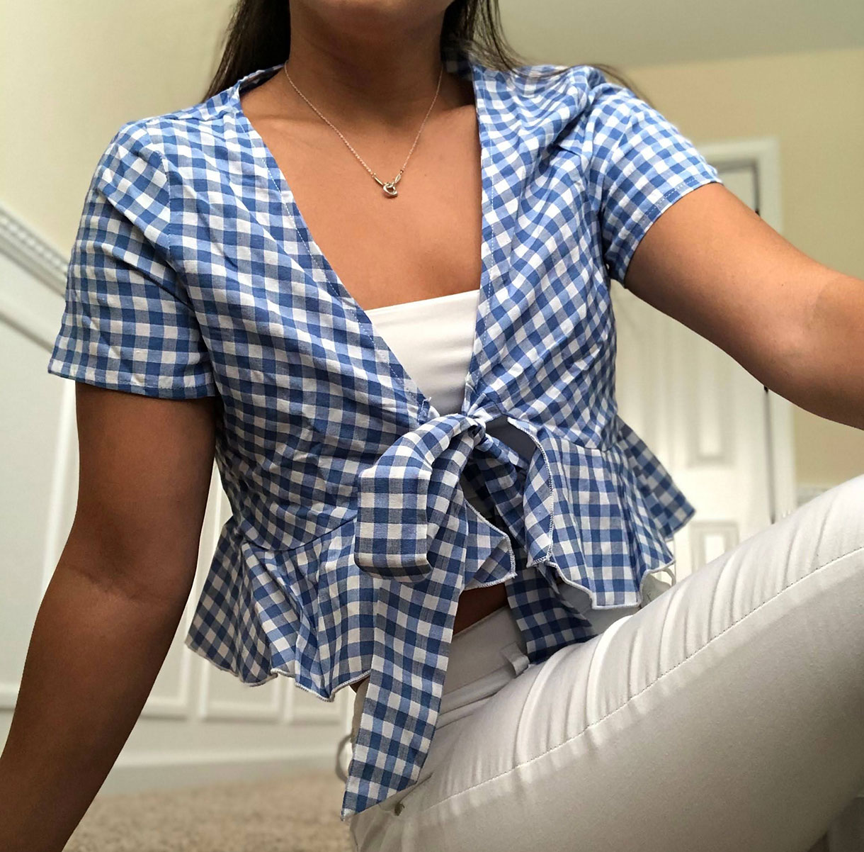 blue and white gingham top