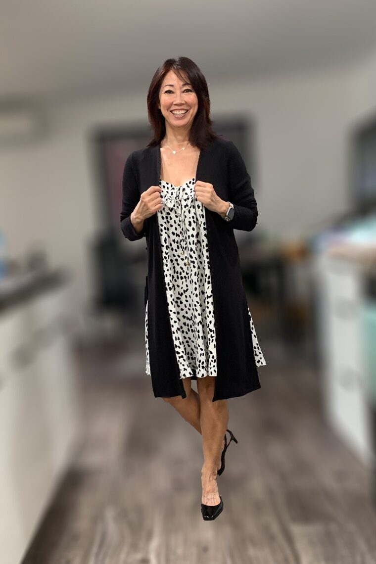 black ad white dress amazon and black cardigan