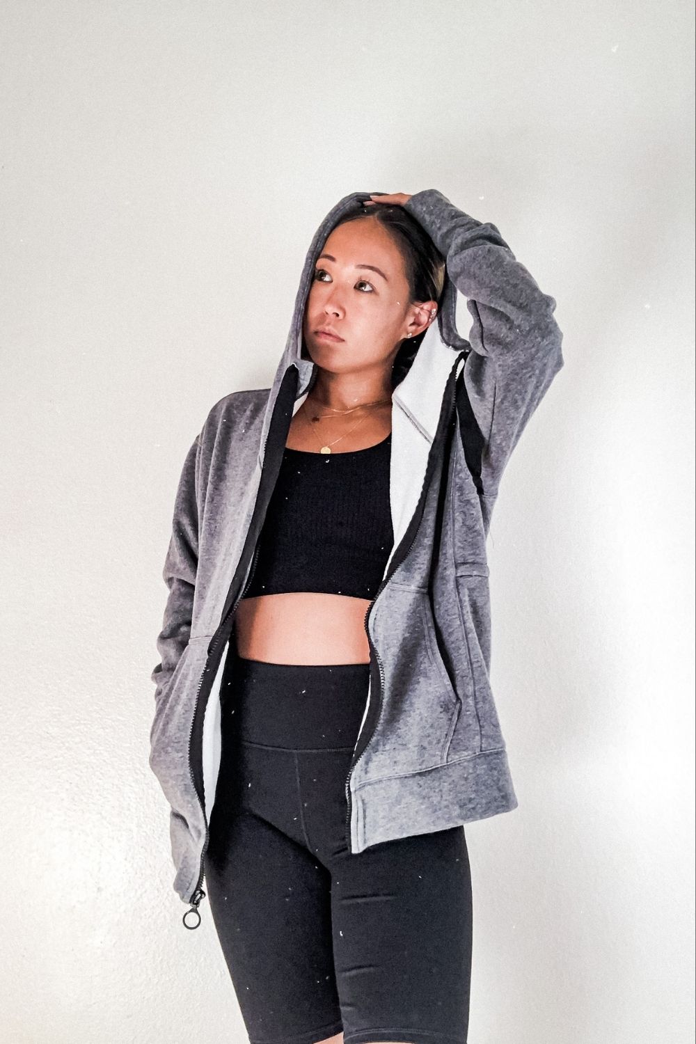 long cardigan Ella Sculptknit bra and biker shorts