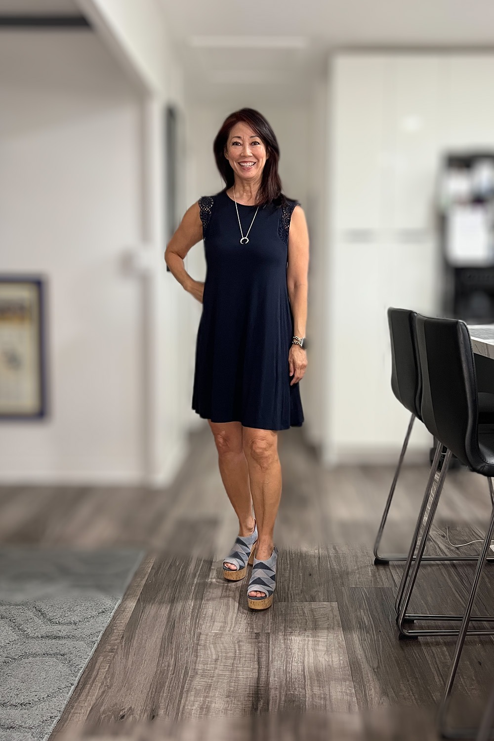 navy ruffle sleevless dress