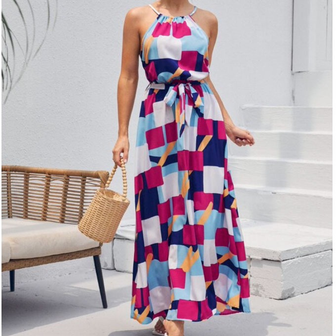 blue geometric long dress