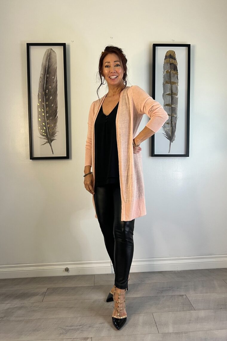 black cami and pants pale pink cardigan and rockstud sandals