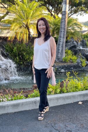 polka dot cami pail pink sleeveless cardigan black pants and espadrille