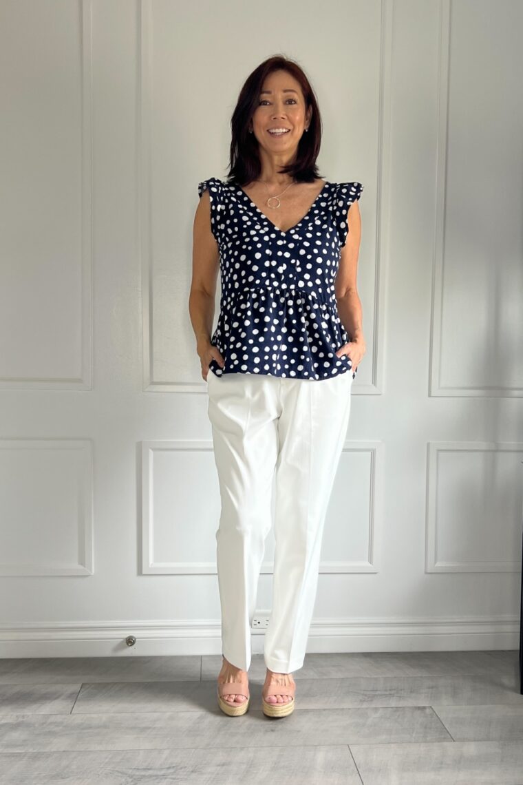 Shop the looks Peplum top polka dot flutter sleeve navy blue