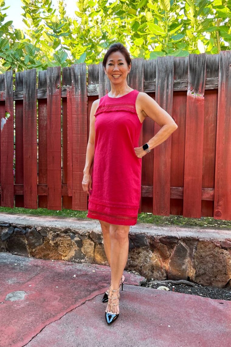 eyelet shift dress in red