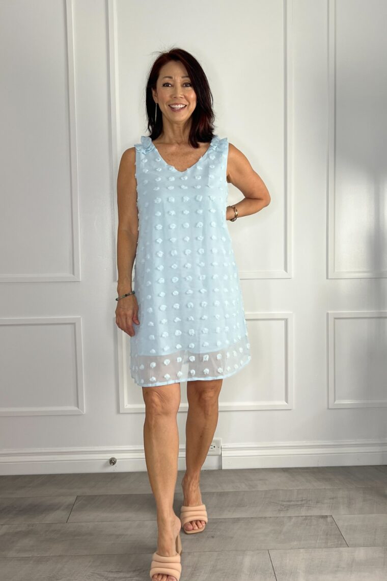 spring shift dress clip dot blue