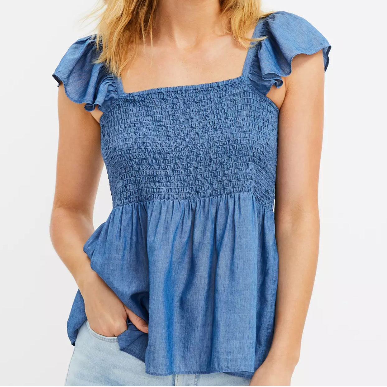 Chambray Smocked Peplum Shell