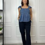 chambray peplum top with navy pants