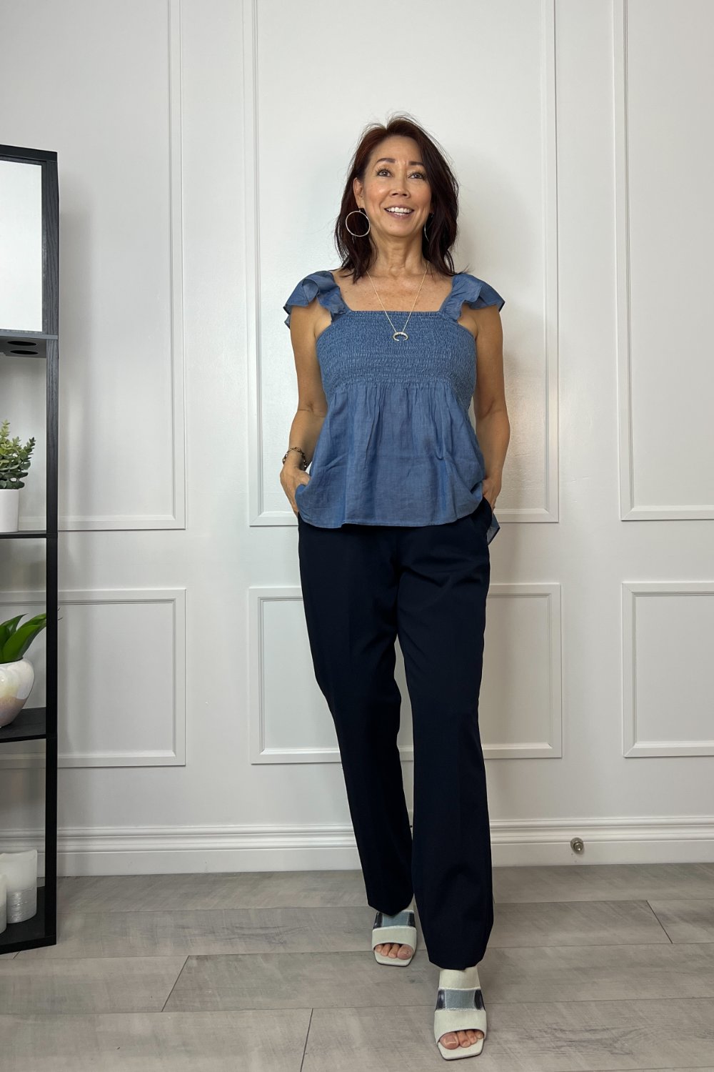 chambray peplum top with navy pants