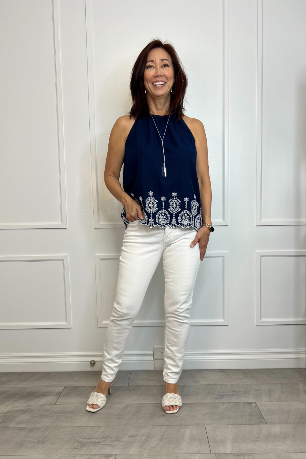 dainty summer work outfit in navy with eyelit trim