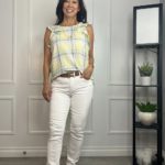 top with ruffle sleeve plaid