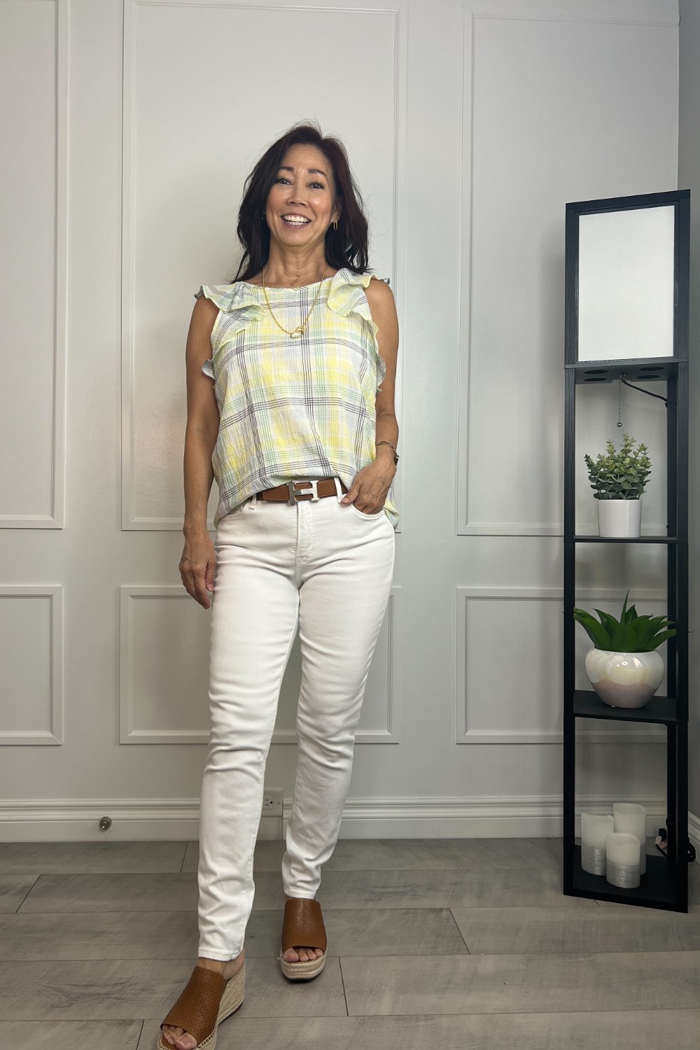 top with ruffle sleeve plaid